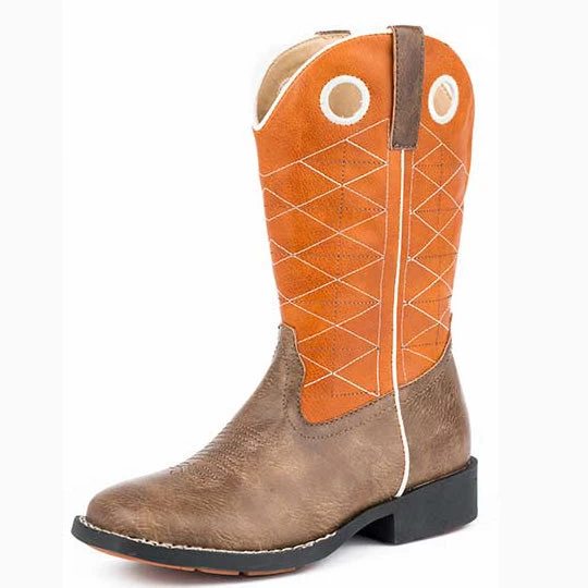 Roper Kid's Orange And Brown Criss Cross Square Toe Boot 1 Roper Kid's Orange And Brown Criss Cross Square Toe Boot
