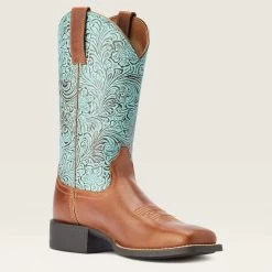 Ariat Women's Round Up Brown/Turquoise Square Toe Boots 10 Ariat Women's Round Up Brown/Turquoise Square Toe Boots -Ariat Store 10042534 medial warm