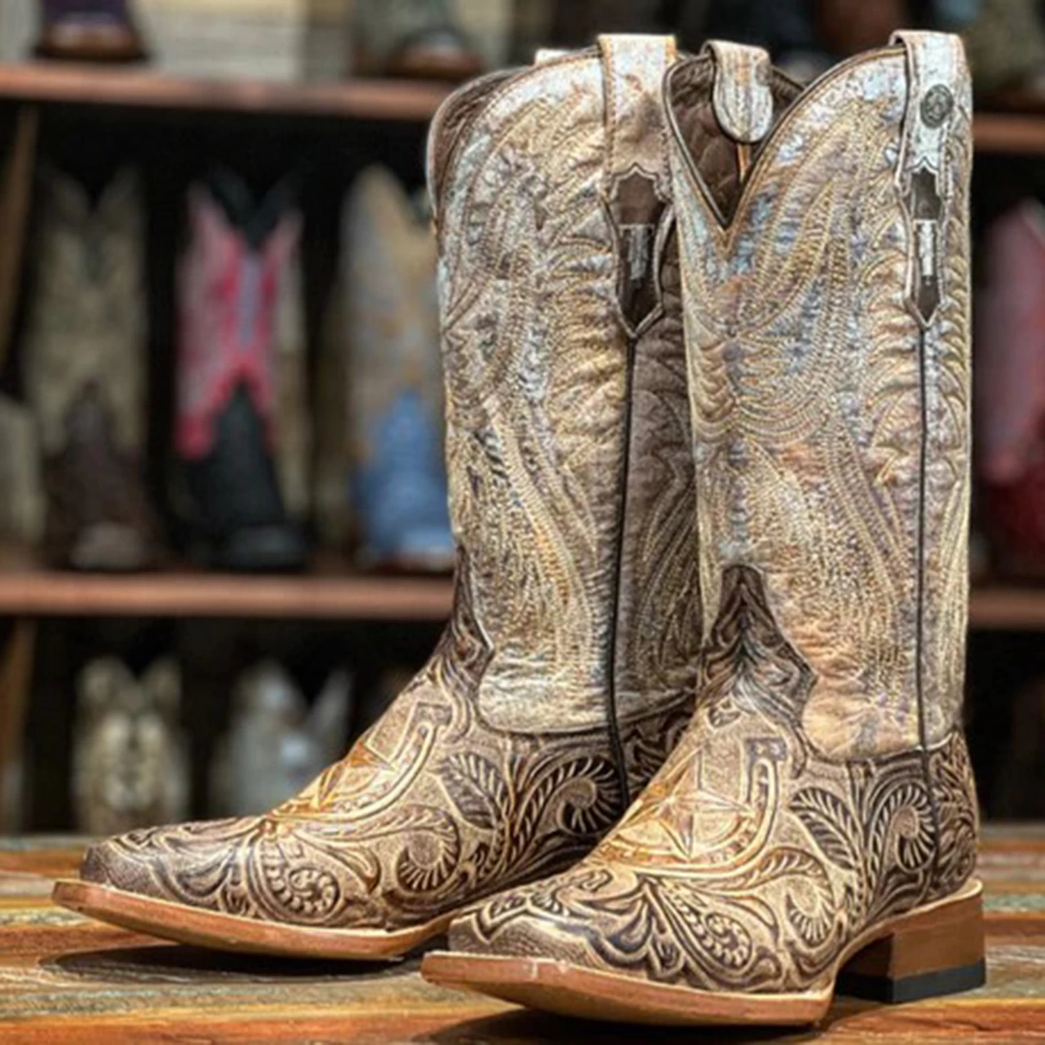 Tanner Mark Women's Brown Horseshoe Tooled Square Toe Boots 1 Tanner Mark Women's Brown Horseshoe Tooled Square Toe Boots