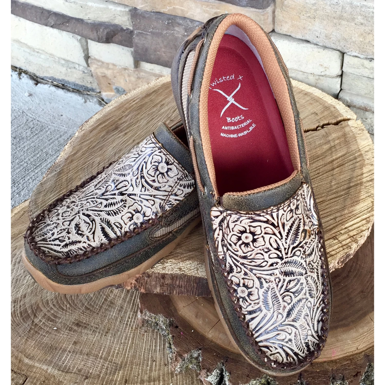 WE Exclusive ~ Twisted X Women's Tan Floral Embossed Slip On Moc 3 WE Exclusive ~ Twisted X Women's Tan Floral Embossed Slip On Moc - Image 3