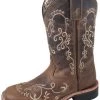 Kid's Brown Embroidered Marilyn Square Toe Boots